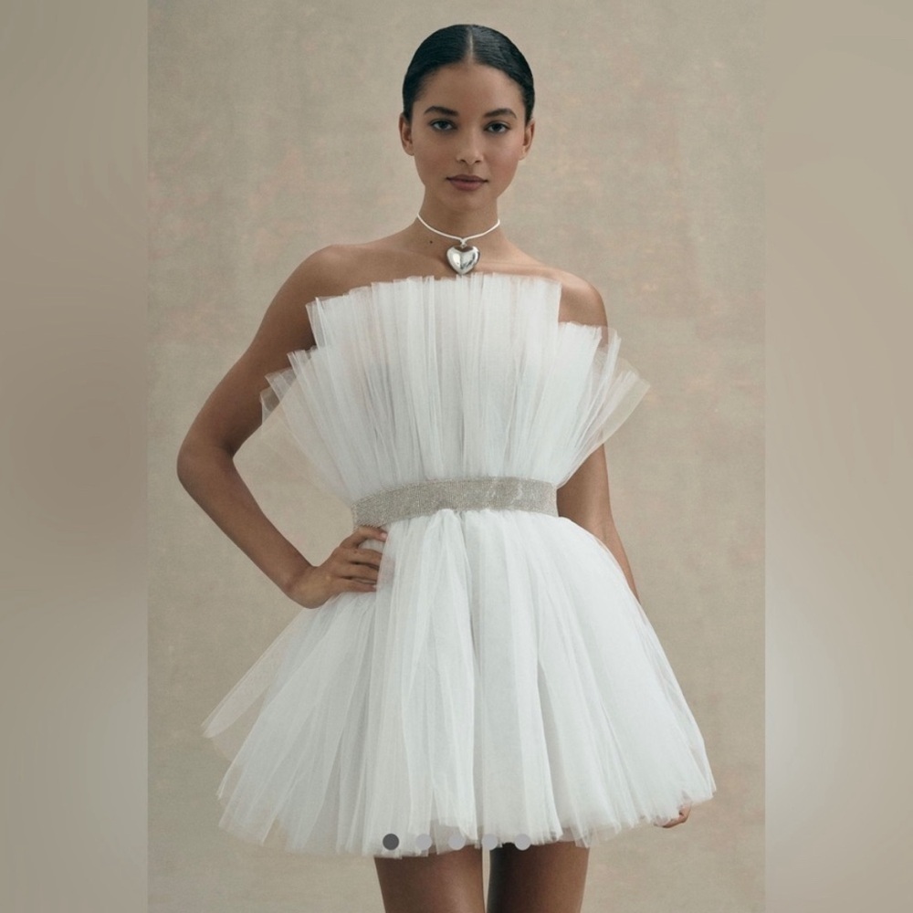 NWOT BRONX and BANCO Anna Strapless Pleated Tulle Mini Bridal shower dress white